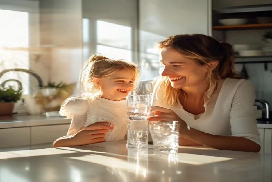 Mother and daughter enjoying clean filtered water in a bright kitchen
