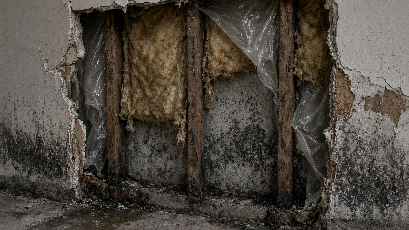 A basement wall opened up to show wood studs, fiberglass insulation, and plastic sheeting with dark staining against a concrete foundation