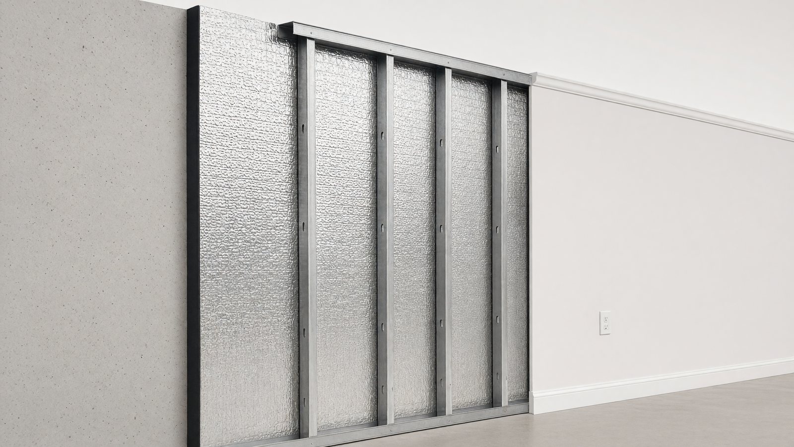 Cutaway of a finished basement wall: rigid foam board with a reflective aluminum face against the concrete, galvanized steel studs in front, and the finished white wall panel with trim