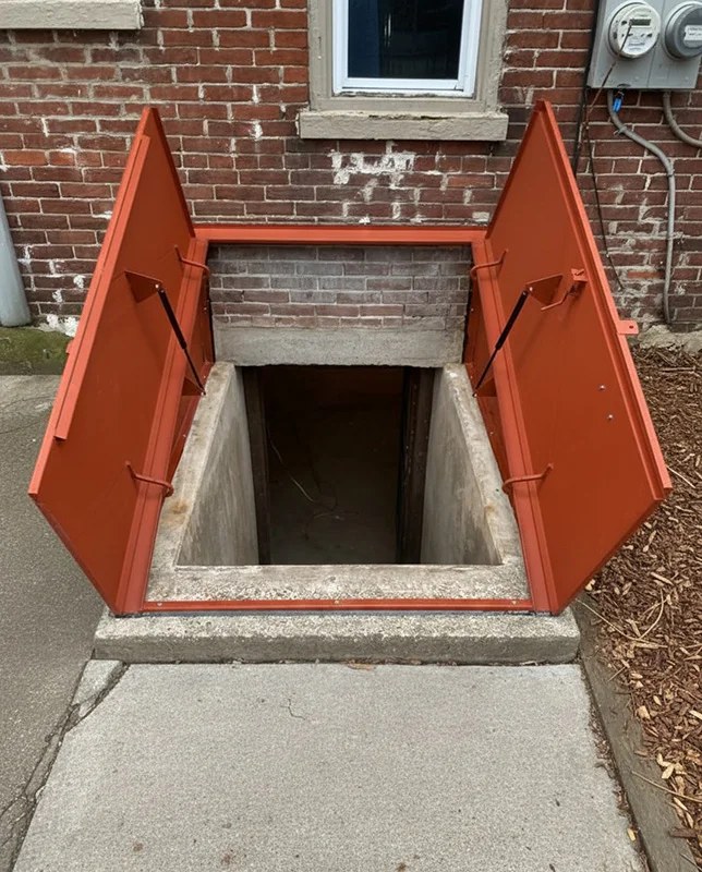 Steel basement entrance door with both leaves open over a concrete stairwell against a brick house