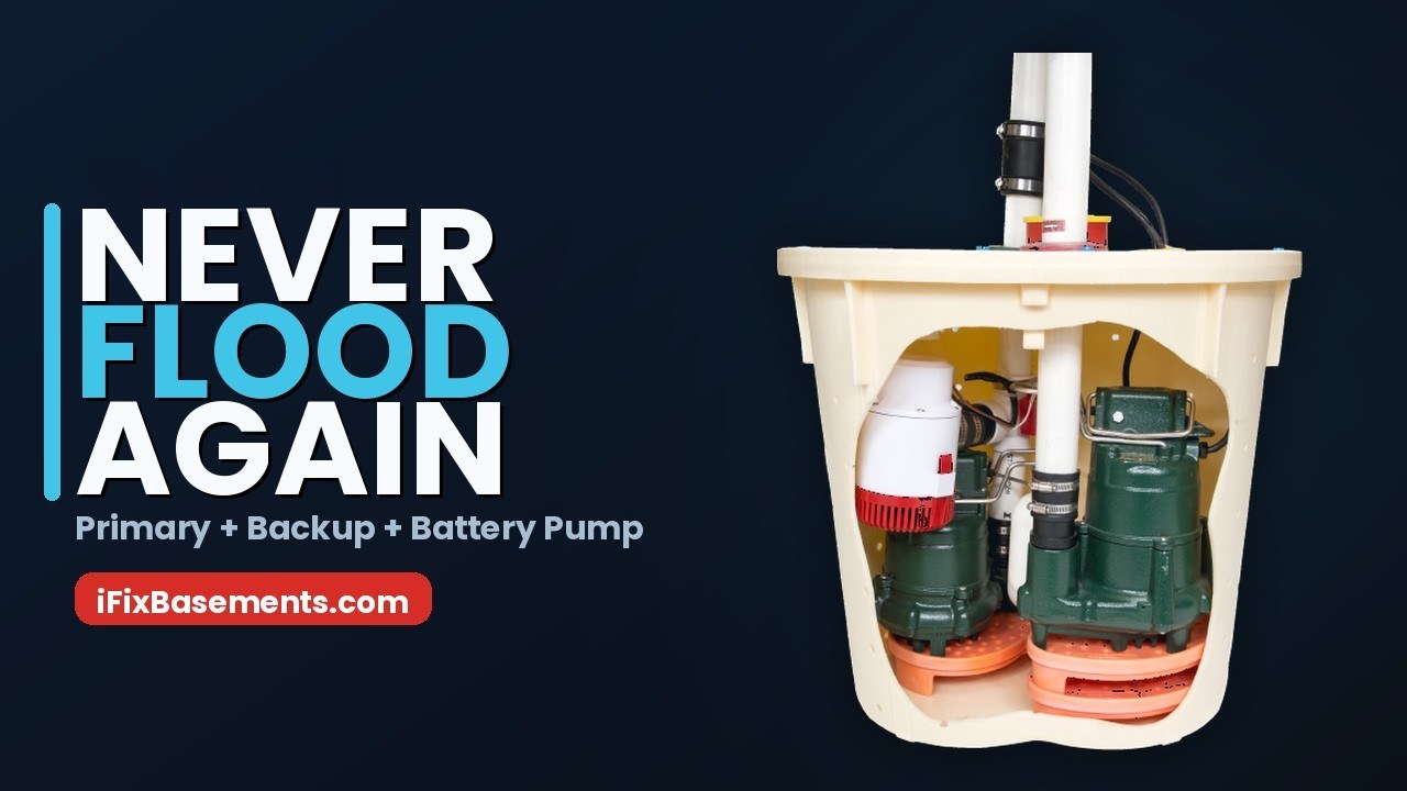 Video thumbnail: Never Flood Again, a sump pit with a primary, backup and battery pump